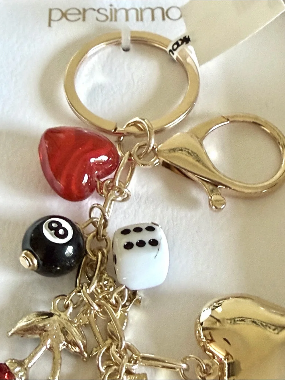 Persimmons NWT Gold Tone Red Charm Keychain with Hearts, Dice & Playing Card